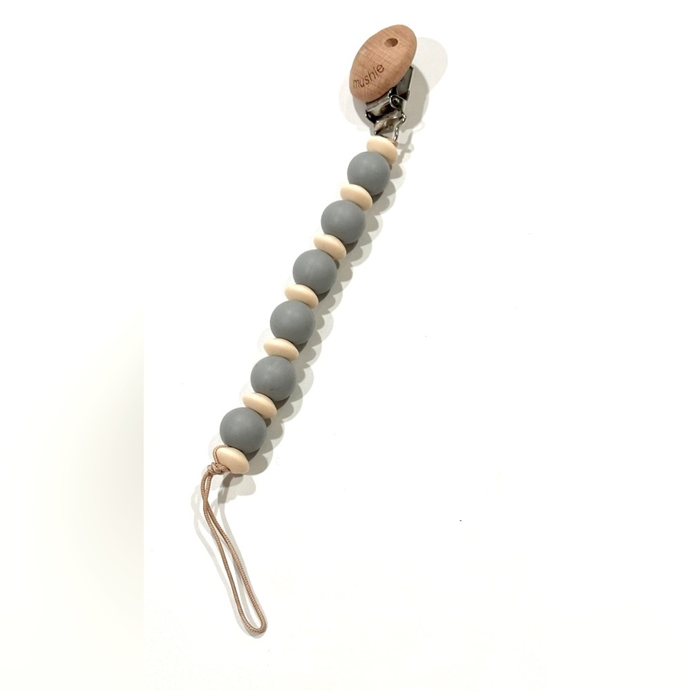 Mushie Pacifier Clip - Wood, Gray and Cream - New